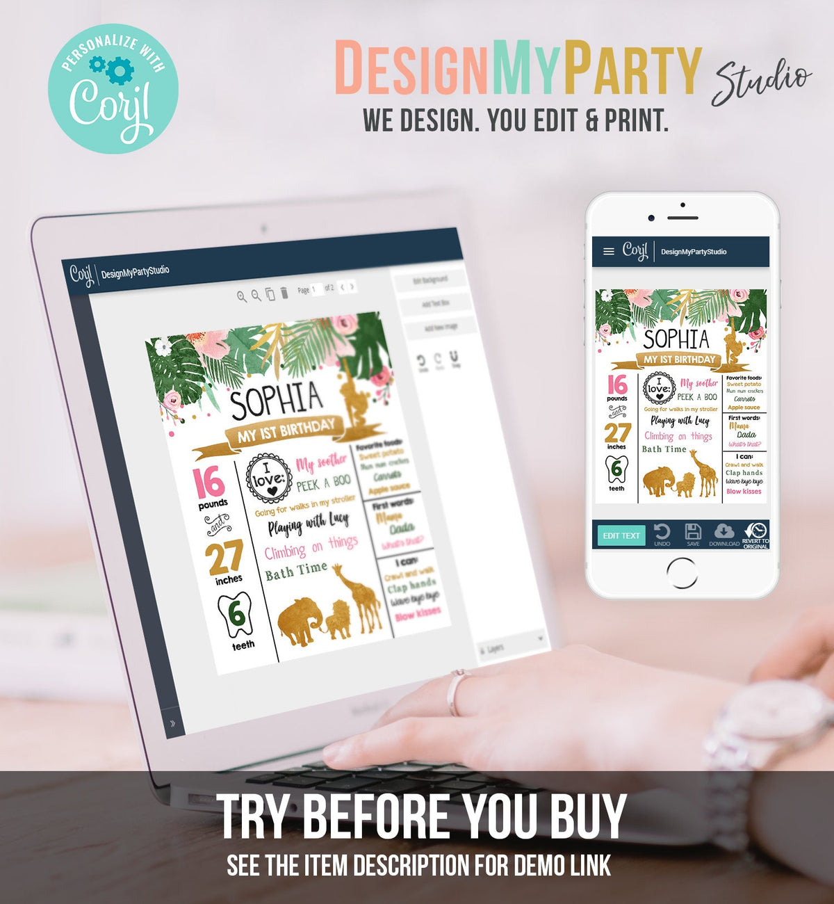 Editable Safari Animals Birthday Milestone Sign Girl Pink Wild One Party Animals First Birthday 1st Download Digital Template Printable 0016