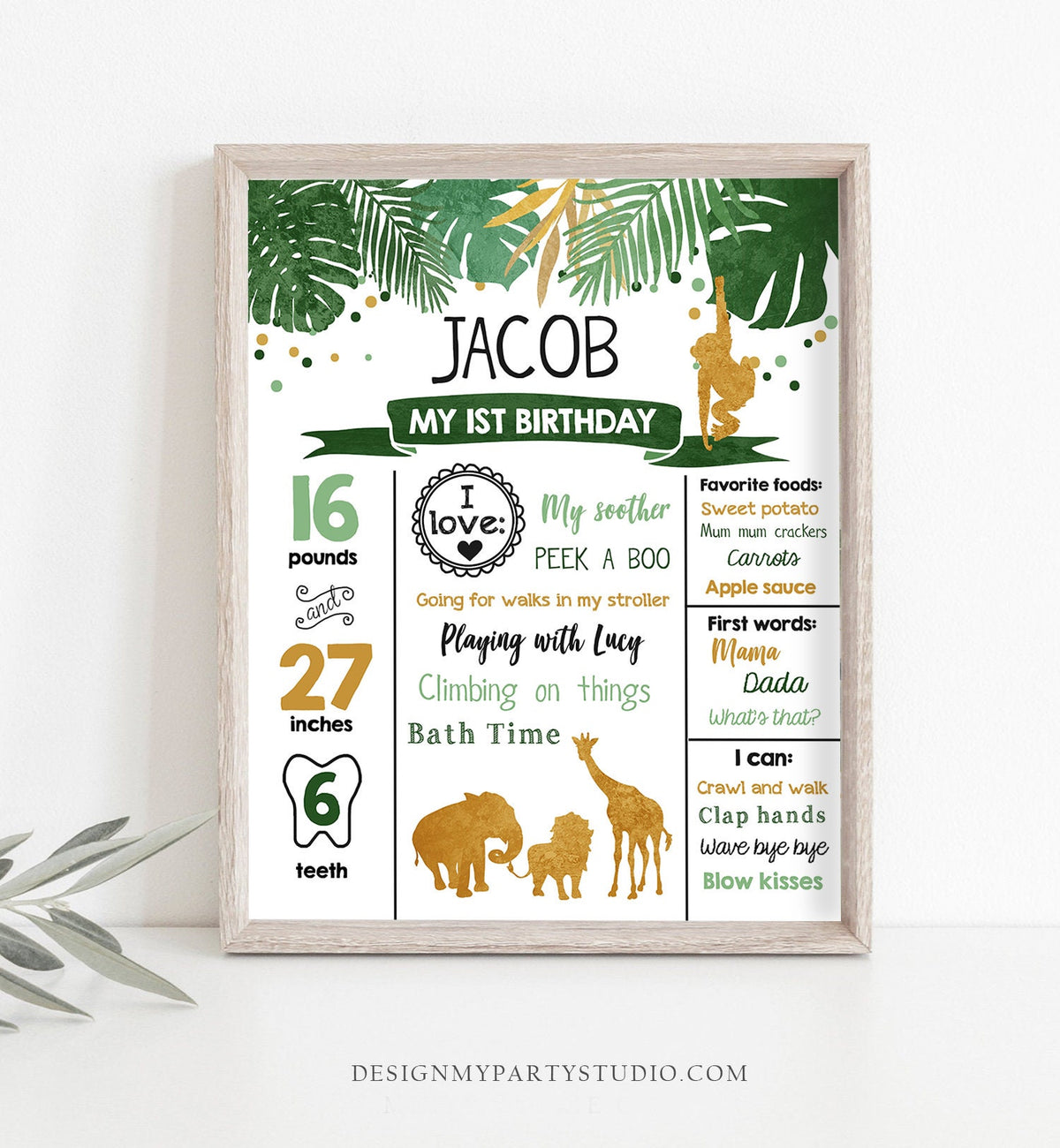 Editable Safari Animals Birthday Milestones Sign Wild One First Birthday Zoo Jungle Party 1st Wild Boy Gold Corjl Template Printable 0016