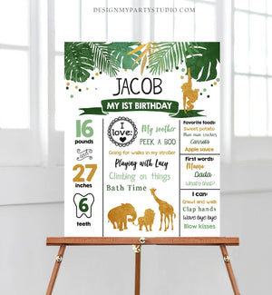 Editable Safari Animals Birthday Milestones Sign Wild One First Birthday Zoo Jungle Party 1st Wild Boy Gold Corjl Template Printable 0016