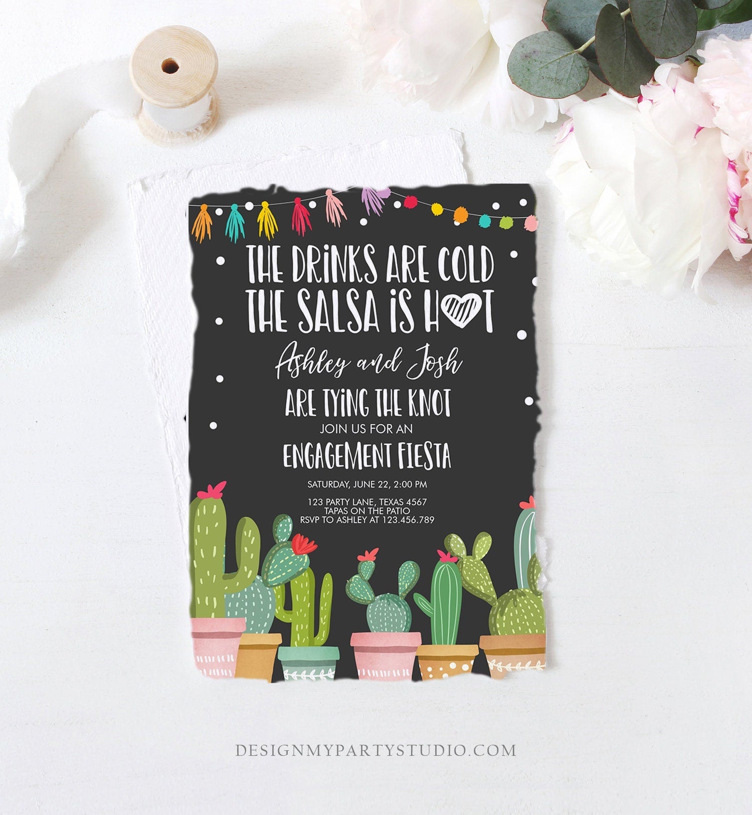 Editable Fiesta Engagement Invitation Bridal Shower Couples Cactus Drinks Cold Salsa is Hot Tying Knot Digital Template Printable 0254