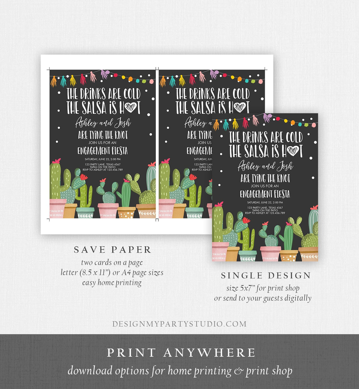 Editable Fiesta Engagement Invitation Bridal Shower Couples Cactus Drinks Cold Salsa is Hot Tying Knot Digital Template Printable 0254