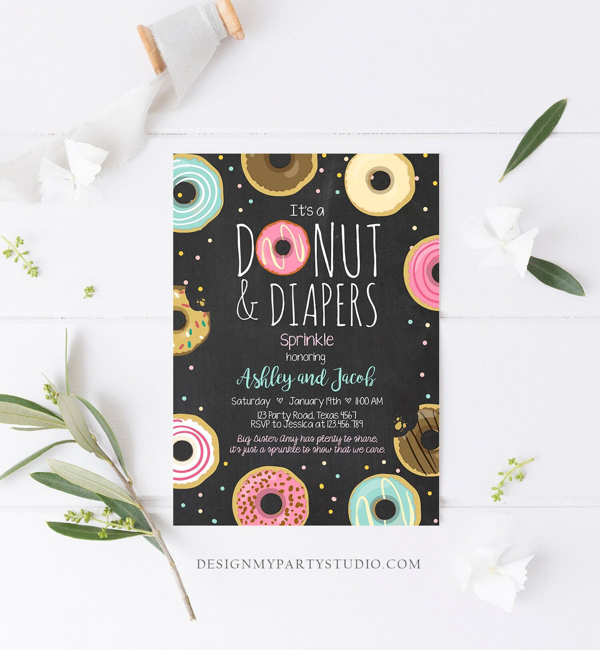 Editable Donut and Diapers Sprinkle Invitation Sprinkled With Love Coed Shower Couples Digital Download Printable Evite Template 0050