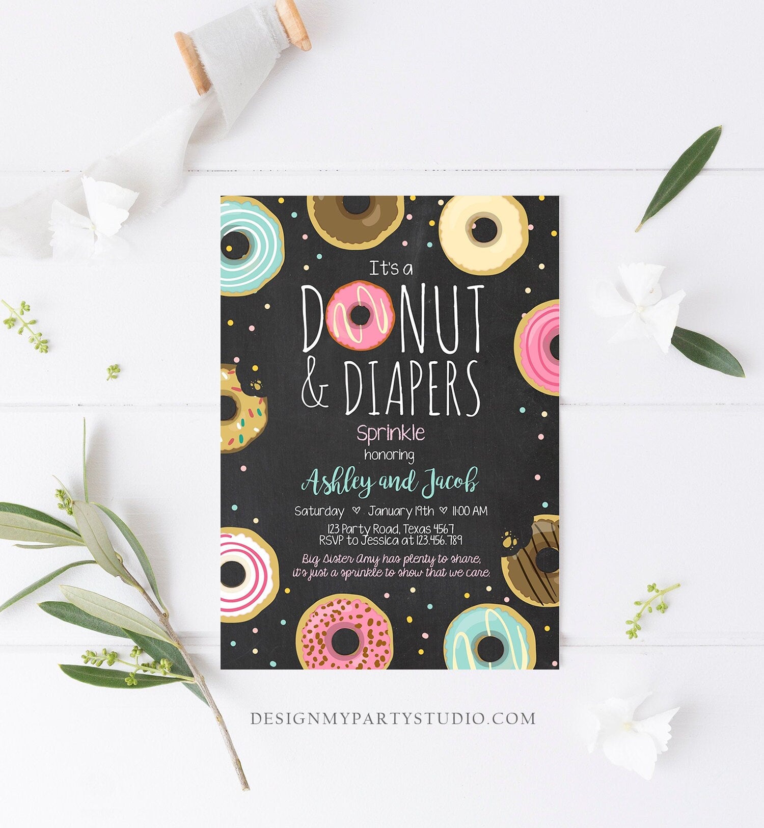 Editable Donut and Diapers Sprinkle Invitation Sprinkled With Love Coed Shower Couples Digital Download Printable Evite Template 0050