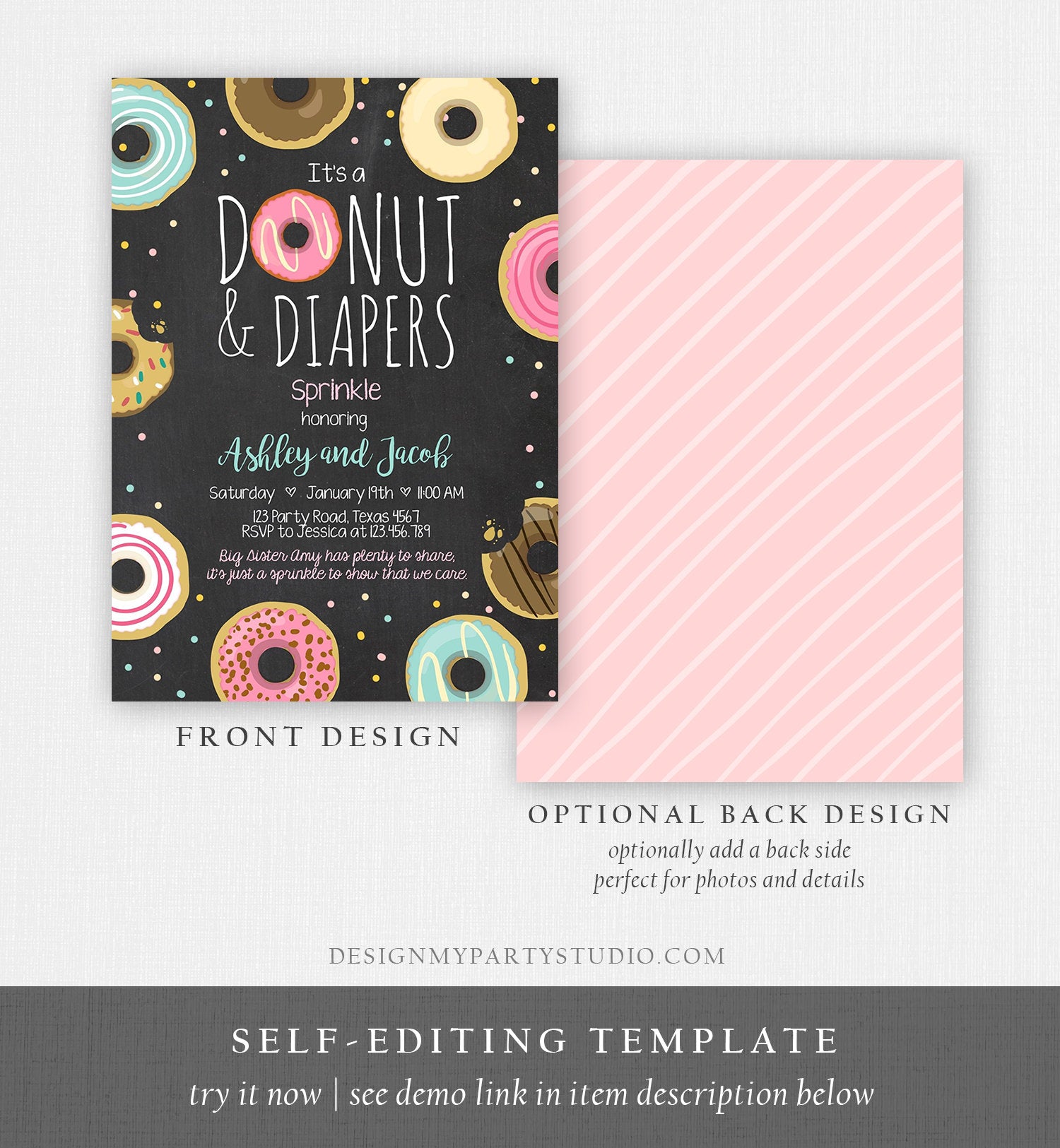 Editable Donut and Diapers Sprinkle Invitation Sprinkled With Love Coed Shower Couples Digital Download Printable Evite Template 0050