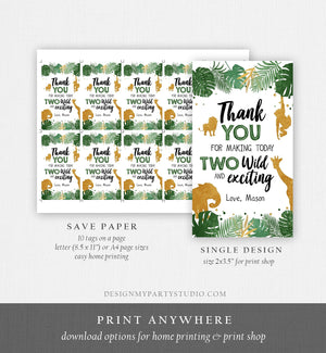 Editable Two Wild Safari Animals Favor Tags Second Birthday Jungle Zoo Animals Thank You Tags 2nd Boy Green Gold Corjl Template 0016