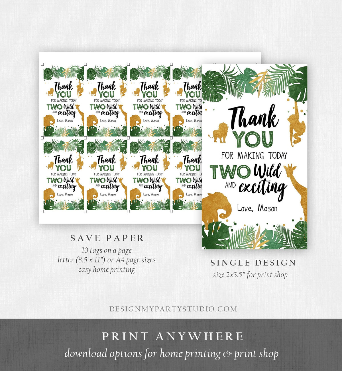 Editable Two Wild Safari Animals Favor Tag Second Birthday Jungle Zoo Animals Thank You Tag Boy Green Gold Corjl Template Printable 0016