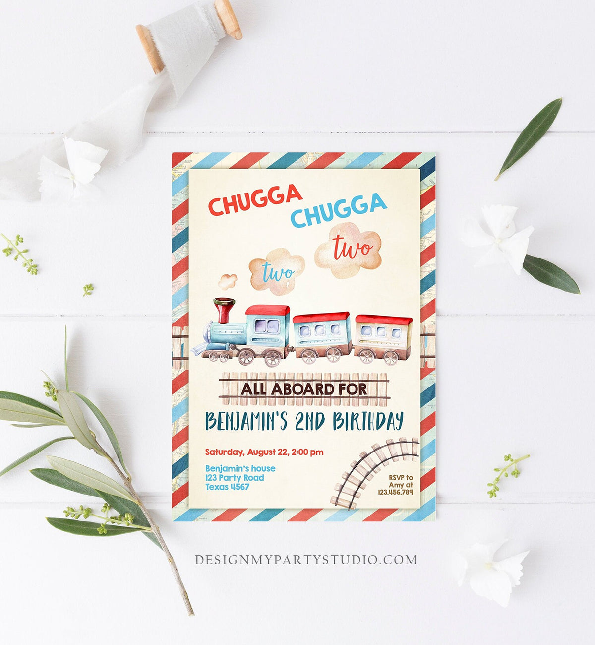 Editable Chugga Chugga Two Two Train Birthday Invitation Vintage Choo Choo Train Party Train Digital Download Template Printable 0149