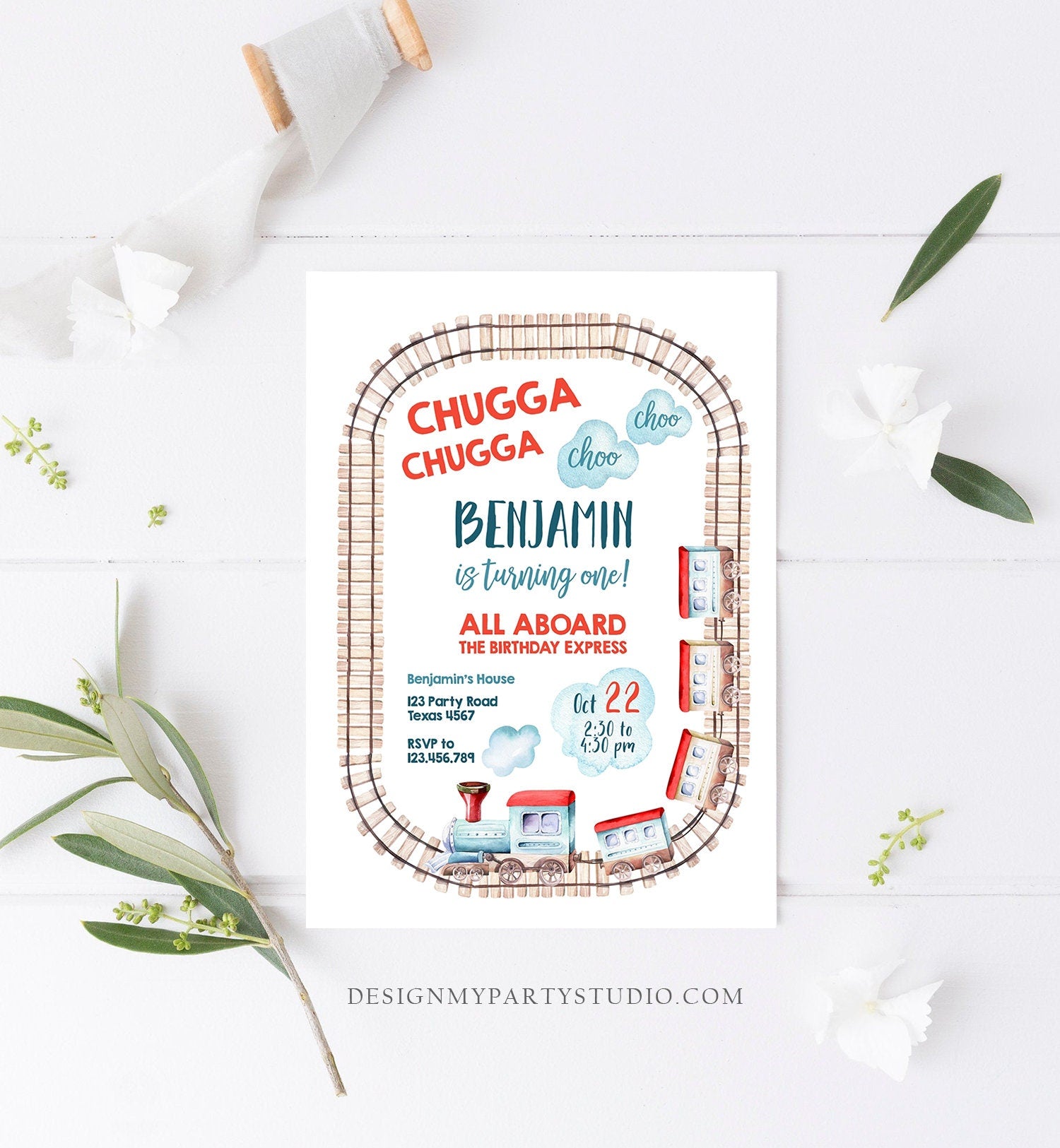 May include: A blue and red train birthday invitation with the text &#39;CHUGGA CHUGGA choo choo BENJAMIN is turning one! ALL ABOARD THE BIRTHDAY EXPRESS&#39; and the date &#39;Oct 22 2:50 to 4:50 pm&#39;.