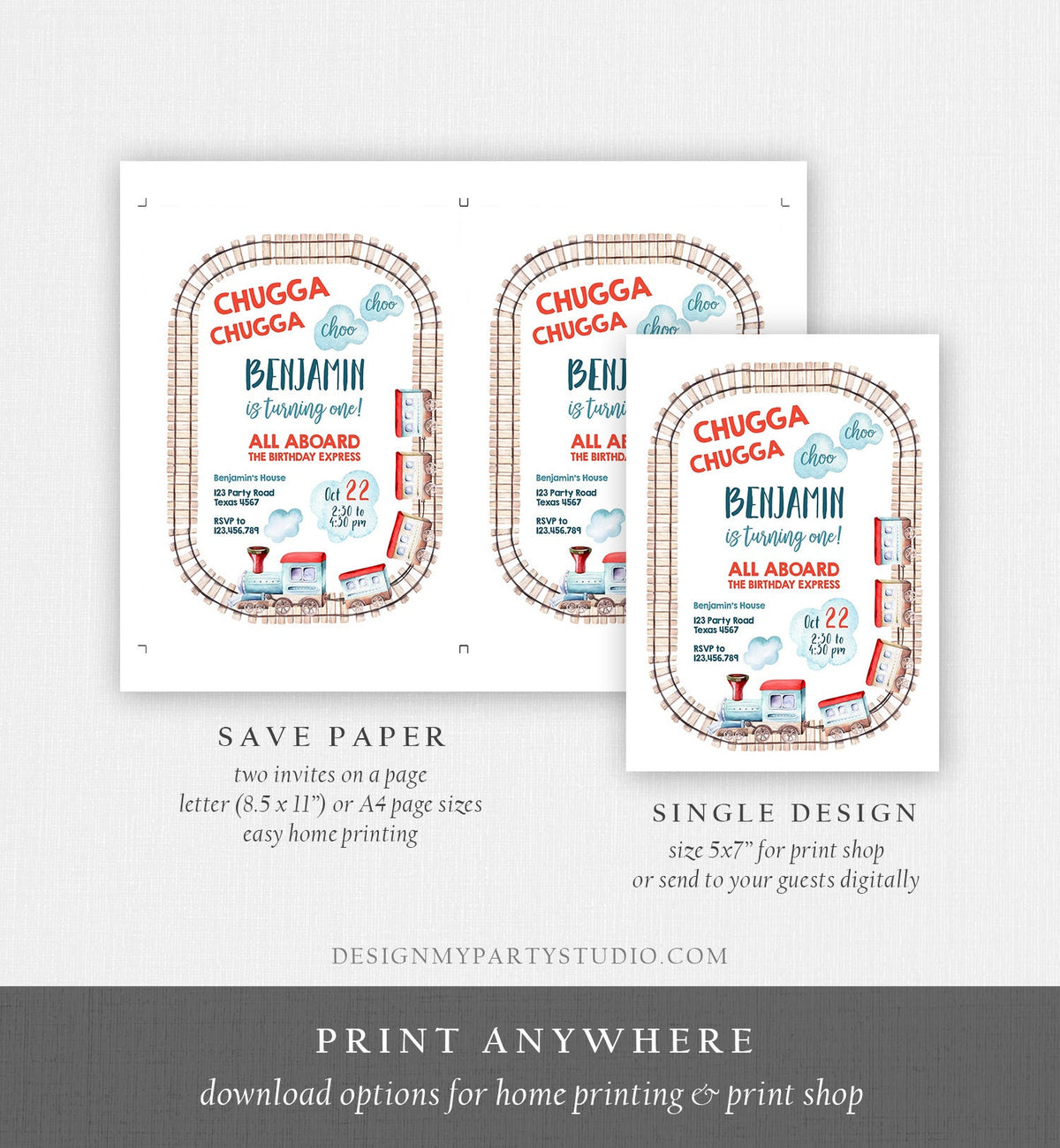Editable Train Birthday Invitation Vintage Train Party Train Invitation Chugga Choo All Aboard Boy Digital Evite Template Printable 0149