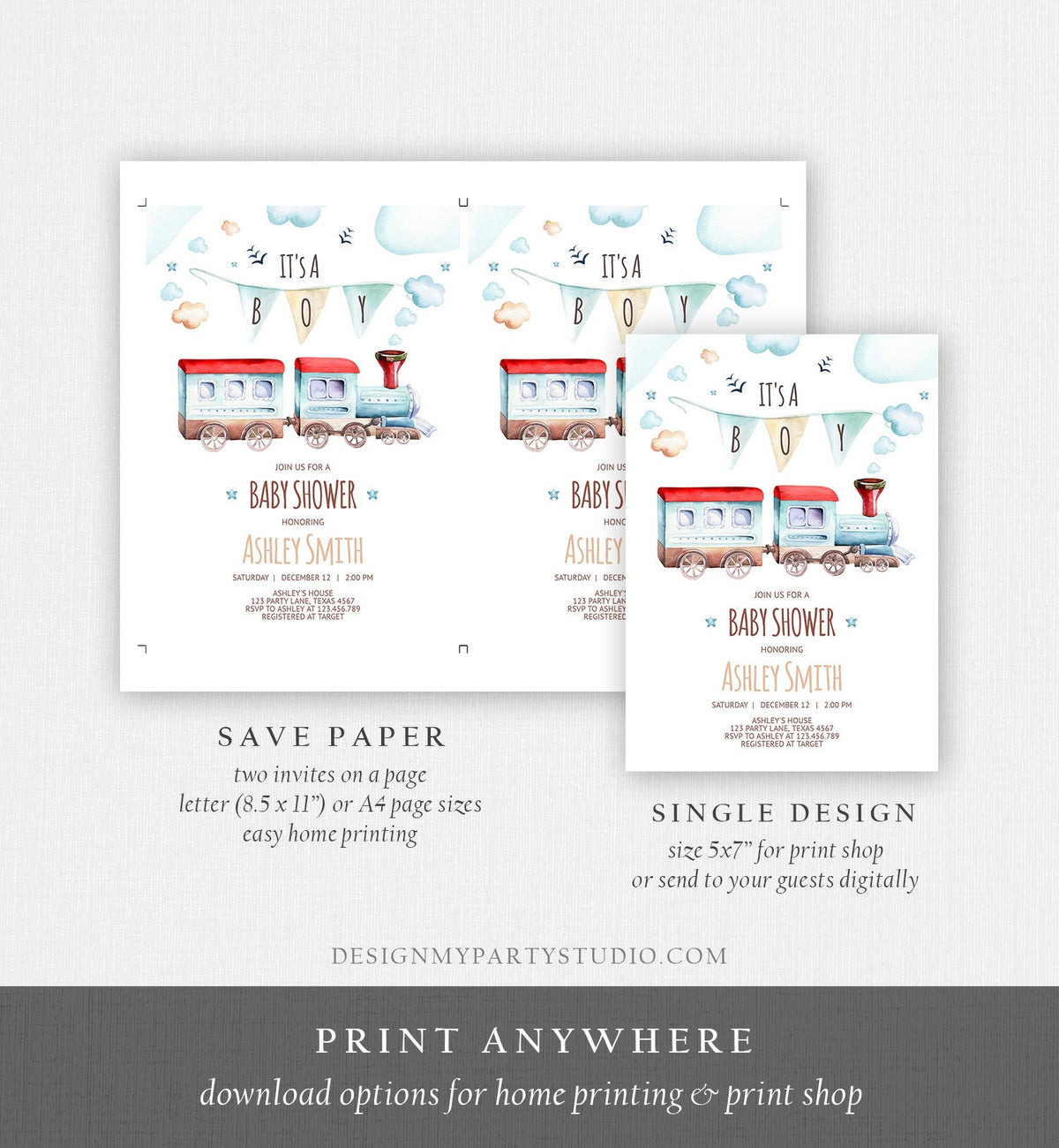 Editable Vintage Train Baby Shower Invitation Red Blue Vintage Chugga Chugga Choo Choo It&#39;s a Boy Clouds Digital Template Printable 0149
