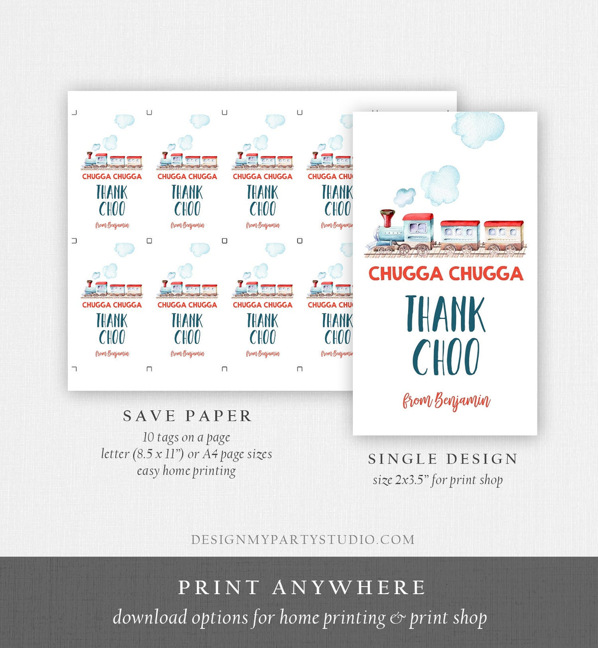 Editable Favor Tags Train Birthday Thank You Tags Vintage Train Party Chugga Choo Choo Thank Choo Red Blue Boy Template PRINTABLE Corjl 0149