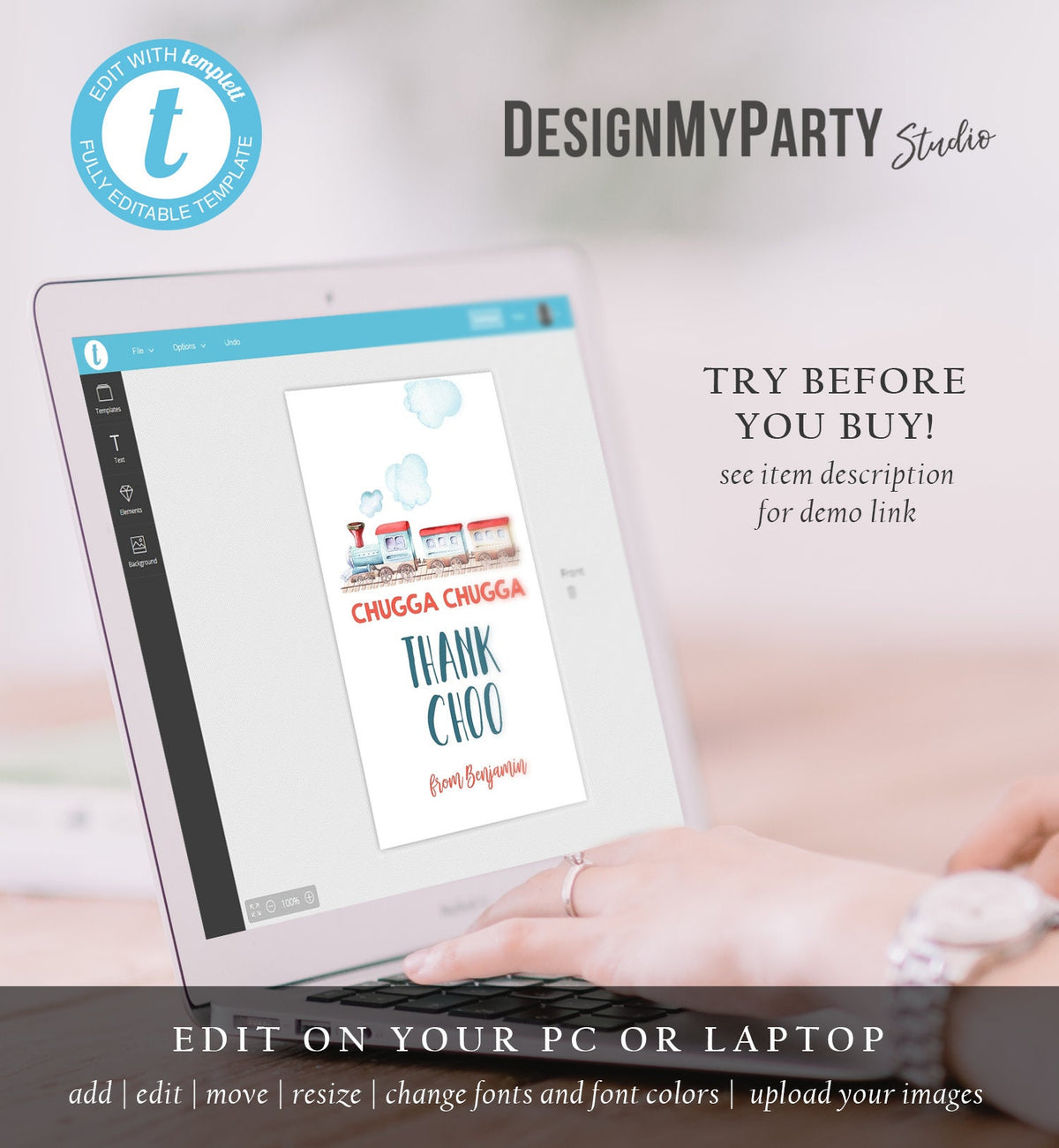 Editable Favor Tags Train Birthday Thank You Tags Vintage Train Party Chugga Choo Choo Thank Choo Red Blue Boy Template PRINTABLE Corjl 0149