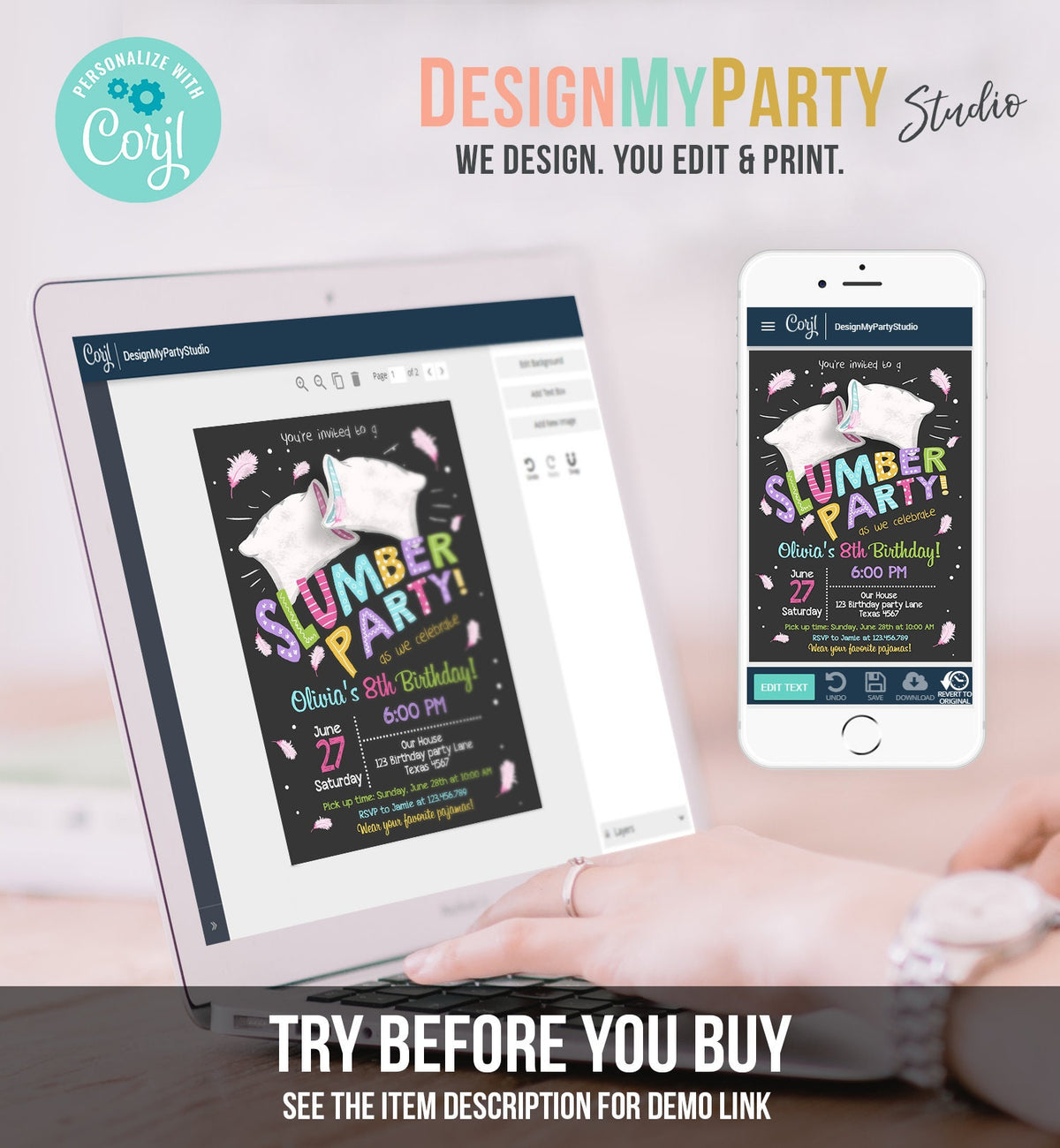 Editable Slumber Party Birthday Invitation Sleepover Pajamas Pillow Fight Chalk Pink Girl Digital Download Evite Template Printable 0067