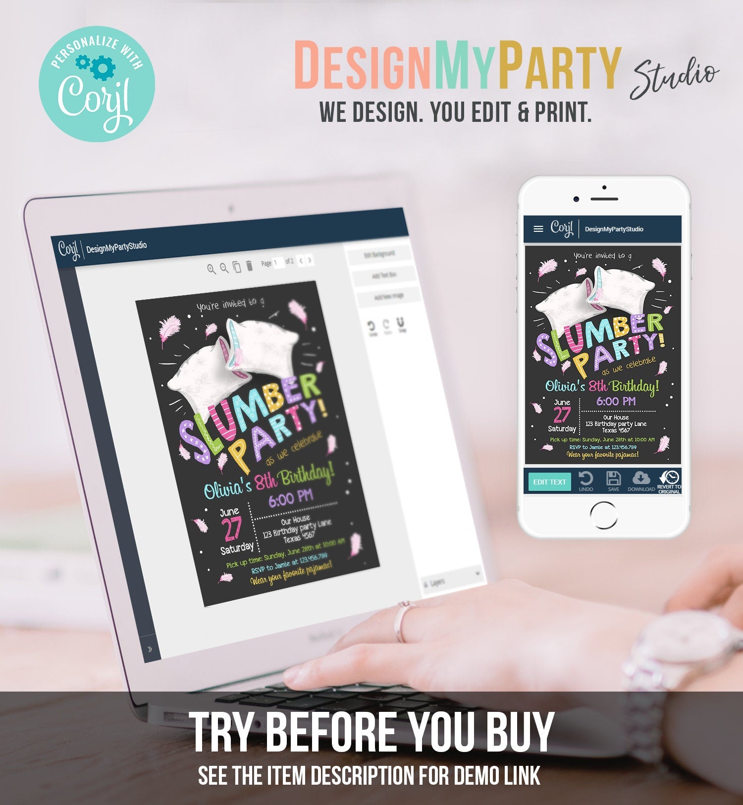 Editable Slumber Party Birthday Invitation Sleepover Pajamas Pillow Fight Chalk Pink Girl Digital Download Evite Template Printable 0067