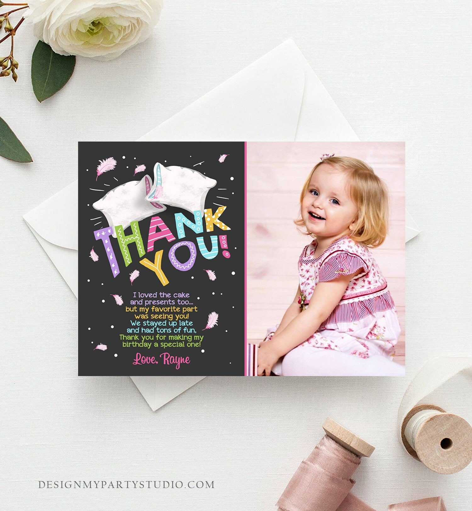 Editable Slumber Party Thank You Card Note Sleepover Pajamas Pillow Fight Girl Pink Note Template Digital Download Printable Corjl 0067