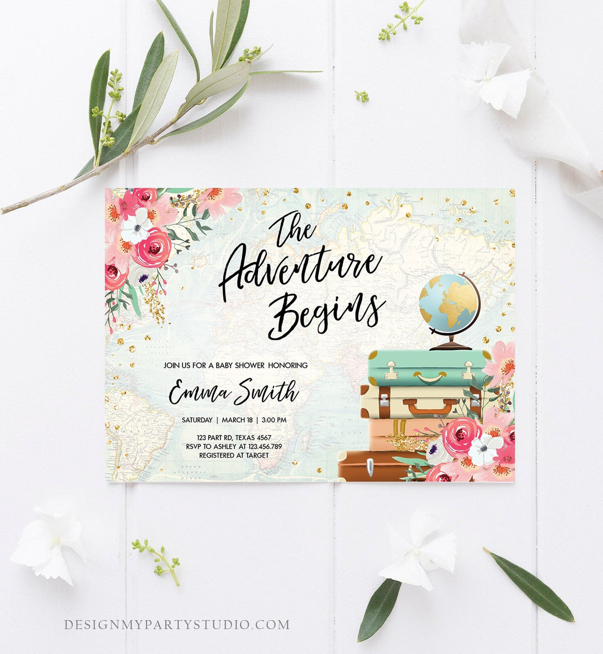Editable The Adventure Begins Baby Shower Invitation Pink Floral Gold Confetti Suitcases Travel Around World Evite Template Printable 0030