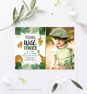 Editable Young Wild and Three Birthday Invitation Safari Animals Zoo Jungle Boy Gold 3rd Birthday Third Photo Printable Corjl Template 0016