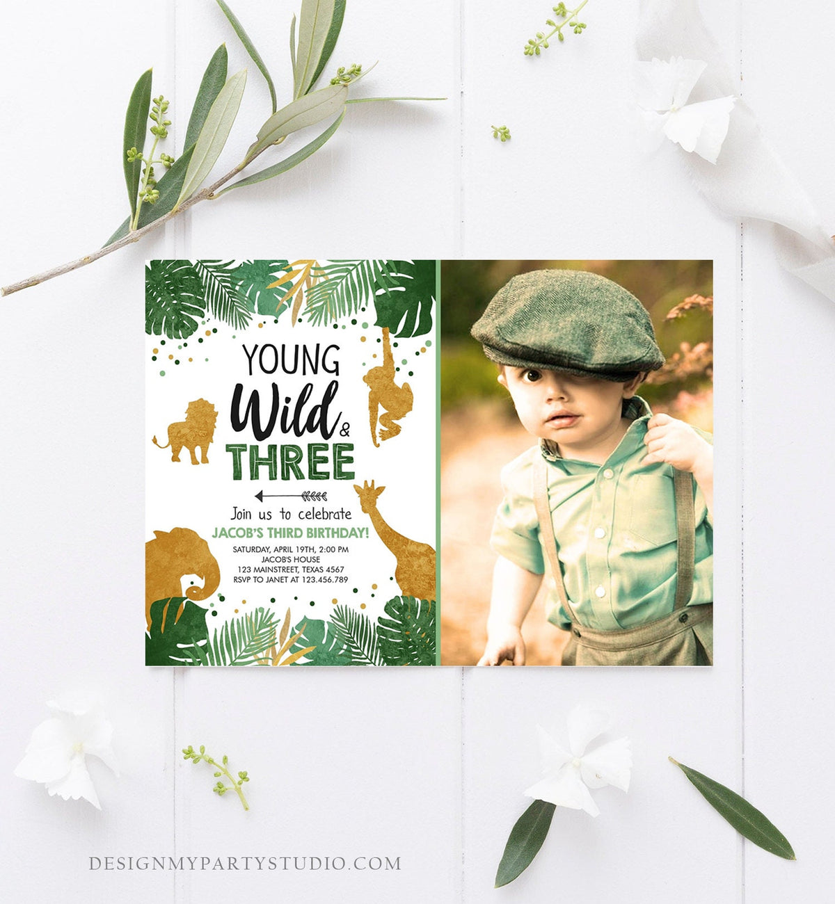 Editable Young Wild and Three Birthday Invitation Safari Animals Zoo Jungle Boy Gold 3rd Birthday Third Digital Template Printable 0016