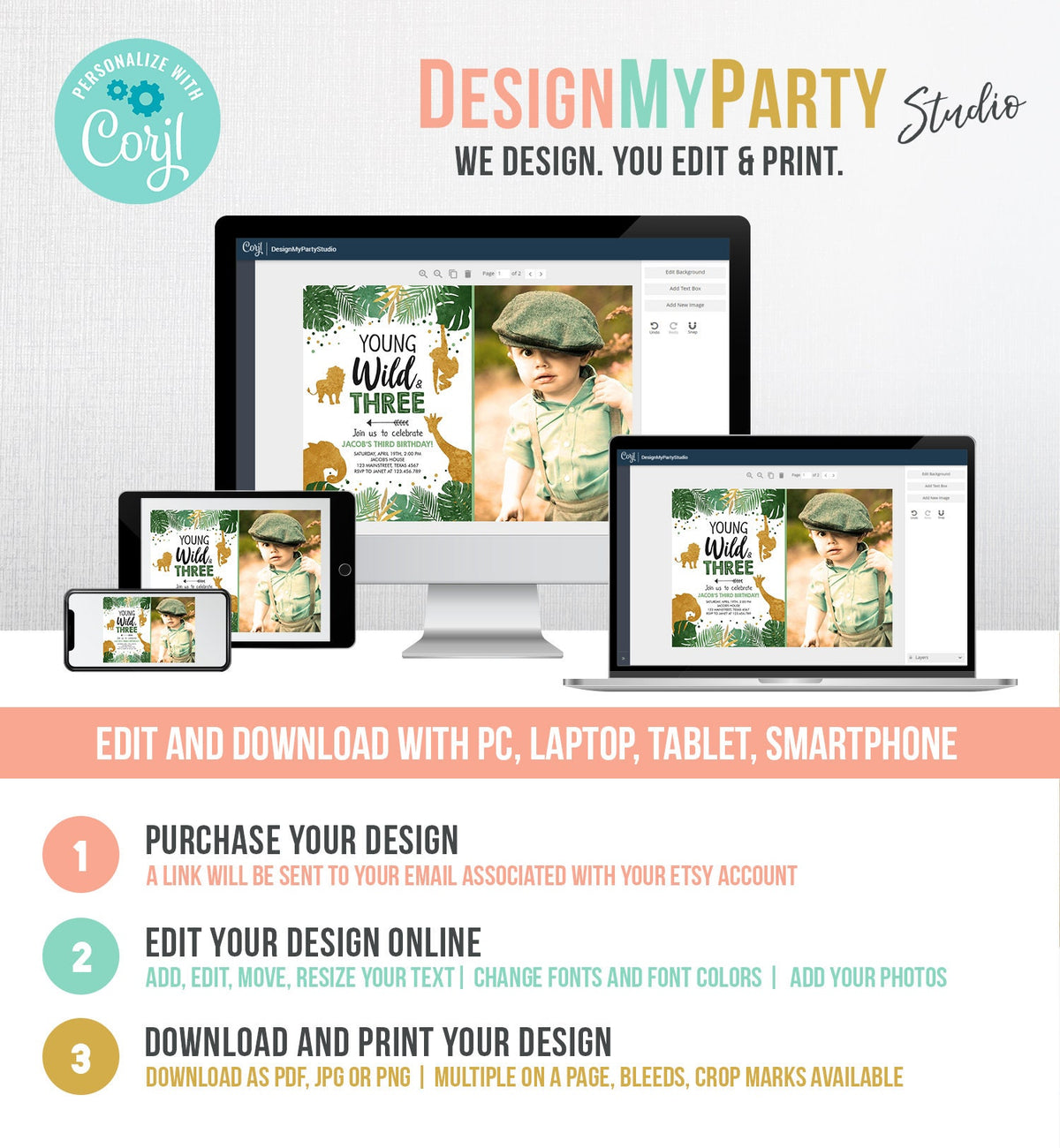 Editable Young Wild and Three Birthday Invitation Safari Animals Zoo Jungle Boy Gold 3rd Birthday Third Digital Template Printable 0016