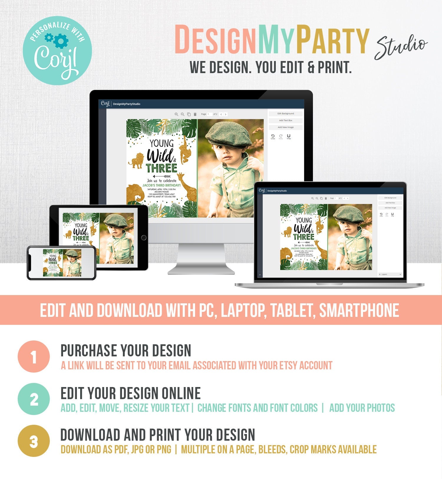 Editable Young Wild and Three Birthday Invitation Safari Animals Zoo Jungle Boy Gold 3rd Birthday Third Digital Template Printable 0016