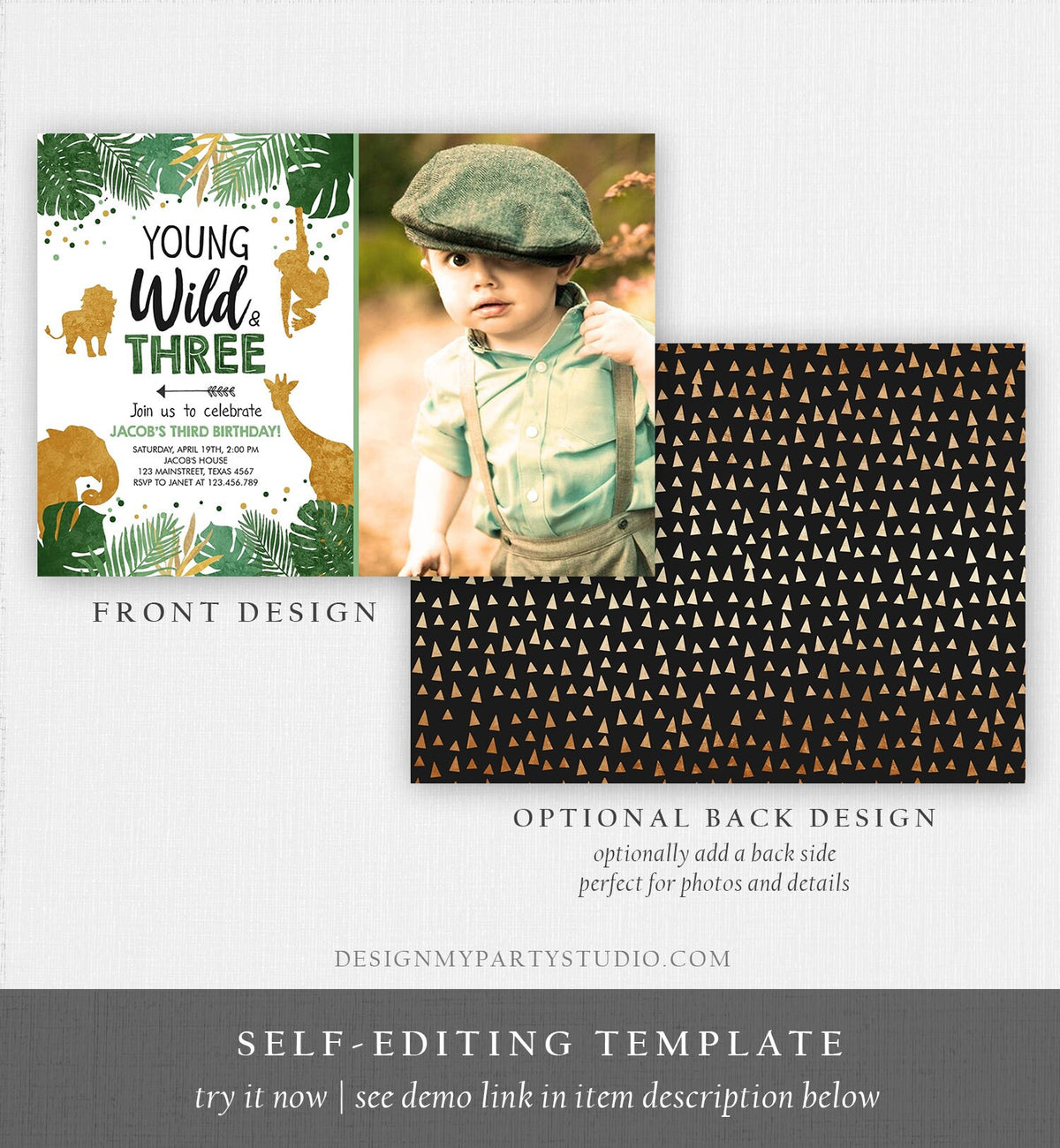 Editable Young Wild and Three Birthday Invitation Safari Animals Zoo Jungle Boy Gold 3rd Birthday Third Digital Template Printable 0016