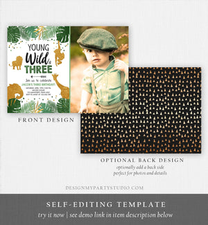 Editable Young Wild and Three Birthday Invitation Safari Animals Zoo Jungle Boy Gold 3rd Birthday Third Photo Printable Corjl Template 0016