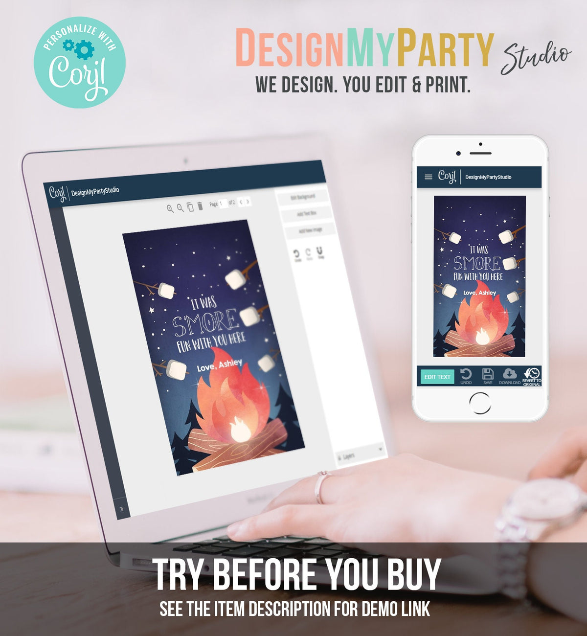 Editable S&#39;more Favor Tag Thank You Backyard Bonfire Party Birthday Bonfire Smore Fun with You Camping Digital Template Printable 0179