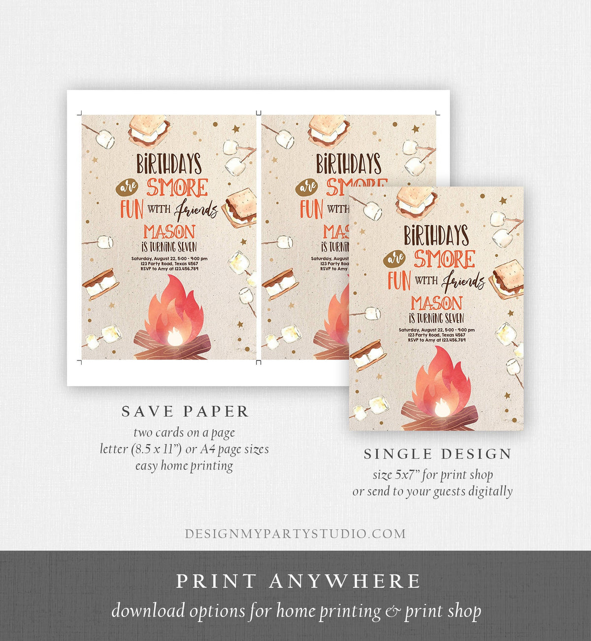 Editable S&#39;more Birthday Invitation Bonfire Invitation Camping Smore Fun with Friends Download Printable Invitation Template Digital 0179