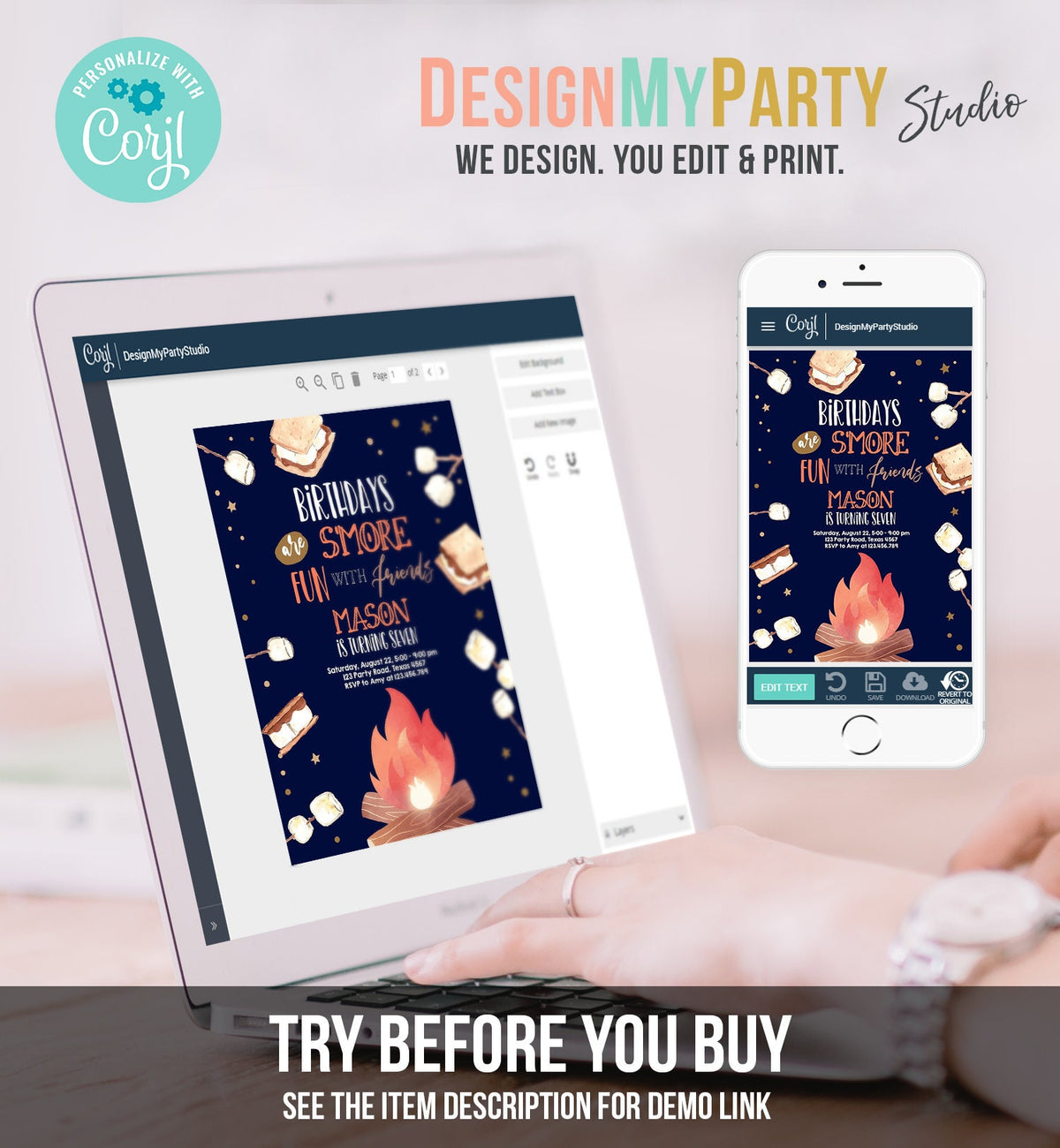 Editable S&#39;more Birthday Invitation Bonfire Invitation Camping Smore Fun with Friends Download Printable Invitation Template Digital 0179