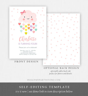 Editable Cloud Birthday Invitation Girls Raining Hearts Raindrop Rainbow Pink Cloud Digital Instant Download Printable Template Corjl 0036