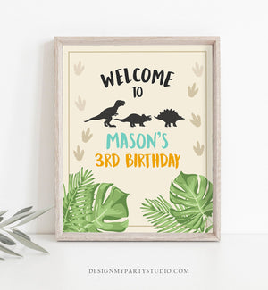 Editable Dinosaur Welcome Sign Birthday Party Table Sign Welcome Dino Dig Party Boy Prehistoric Download Template Printable Corjl 0043