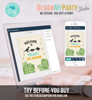 Editable Dinosaur Welcome Sign Birthday Party Table Sign Welcome Dino Dig Party Boy Prehistoric Download Template Printable Corjl 0043
