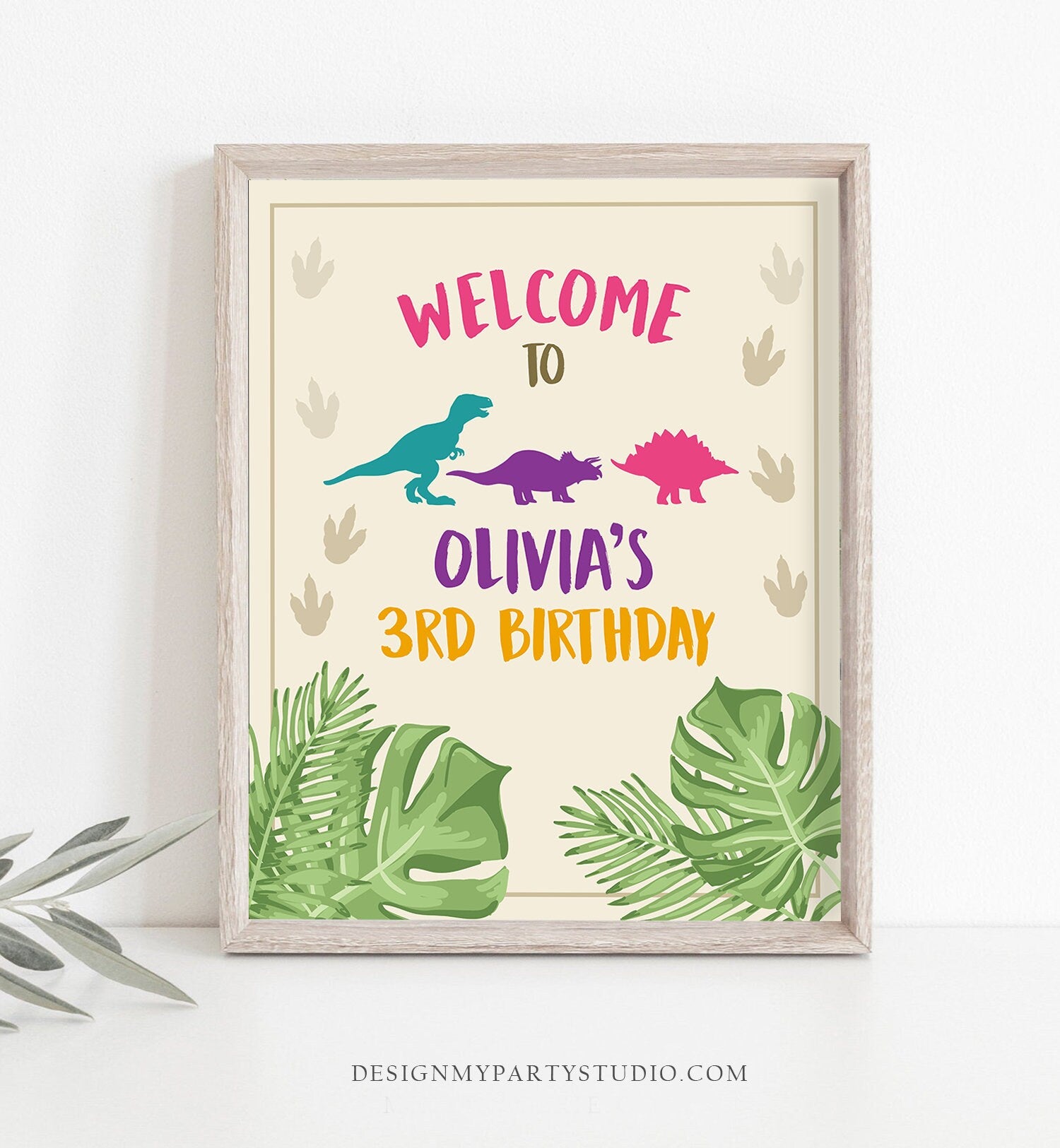 Editable Dinosaur Welcome Sign Birthday Party Table Sign Welcome Dino Dig Party Girl Pink Digital Download Template Printable Corjl 0043