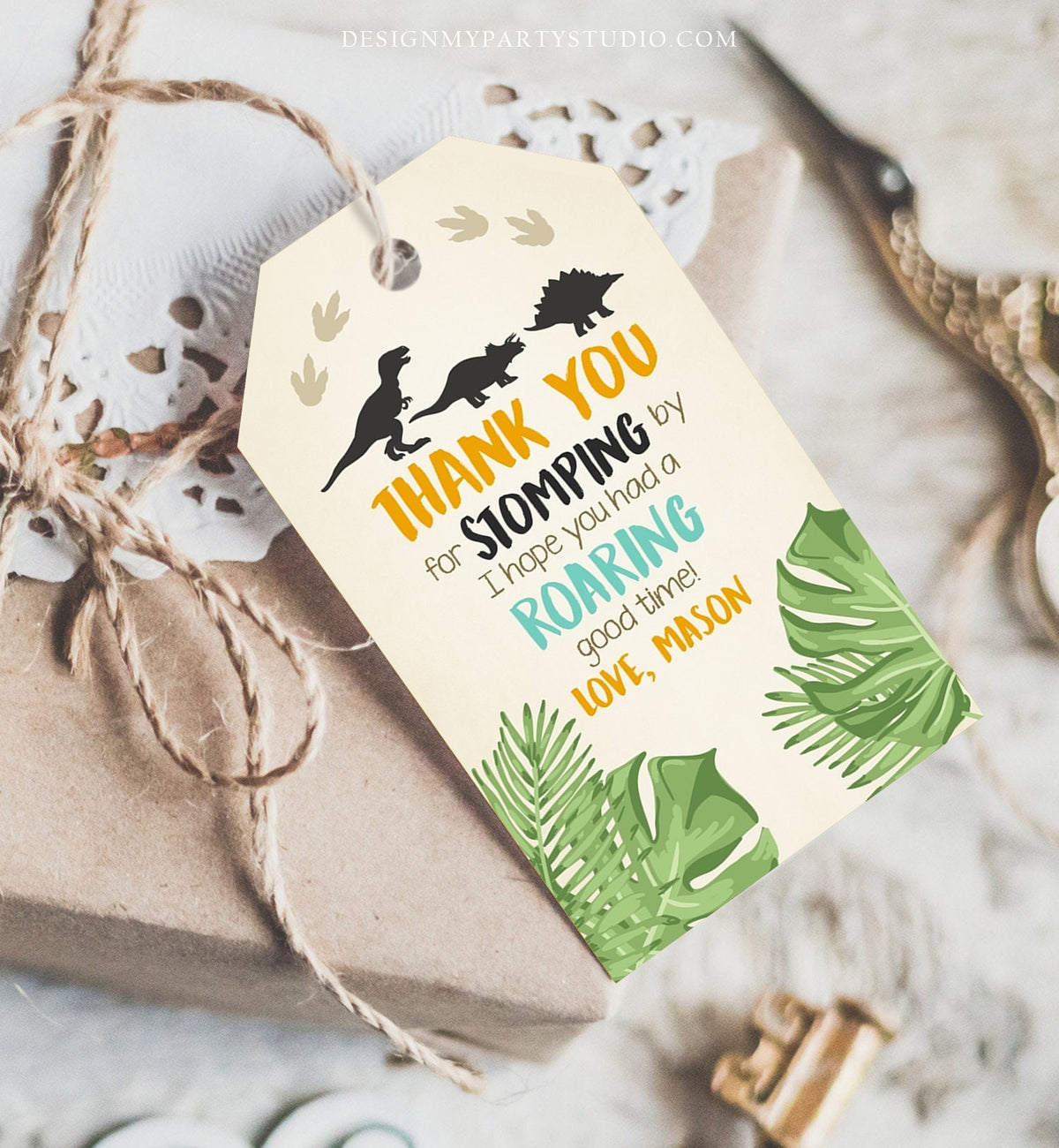Editable Dinosaur Favor Tags RAWR ROAR Thank You For Stomping By Dino Boy Roaring Party Gift Tag Digital Download Template Printable 0043