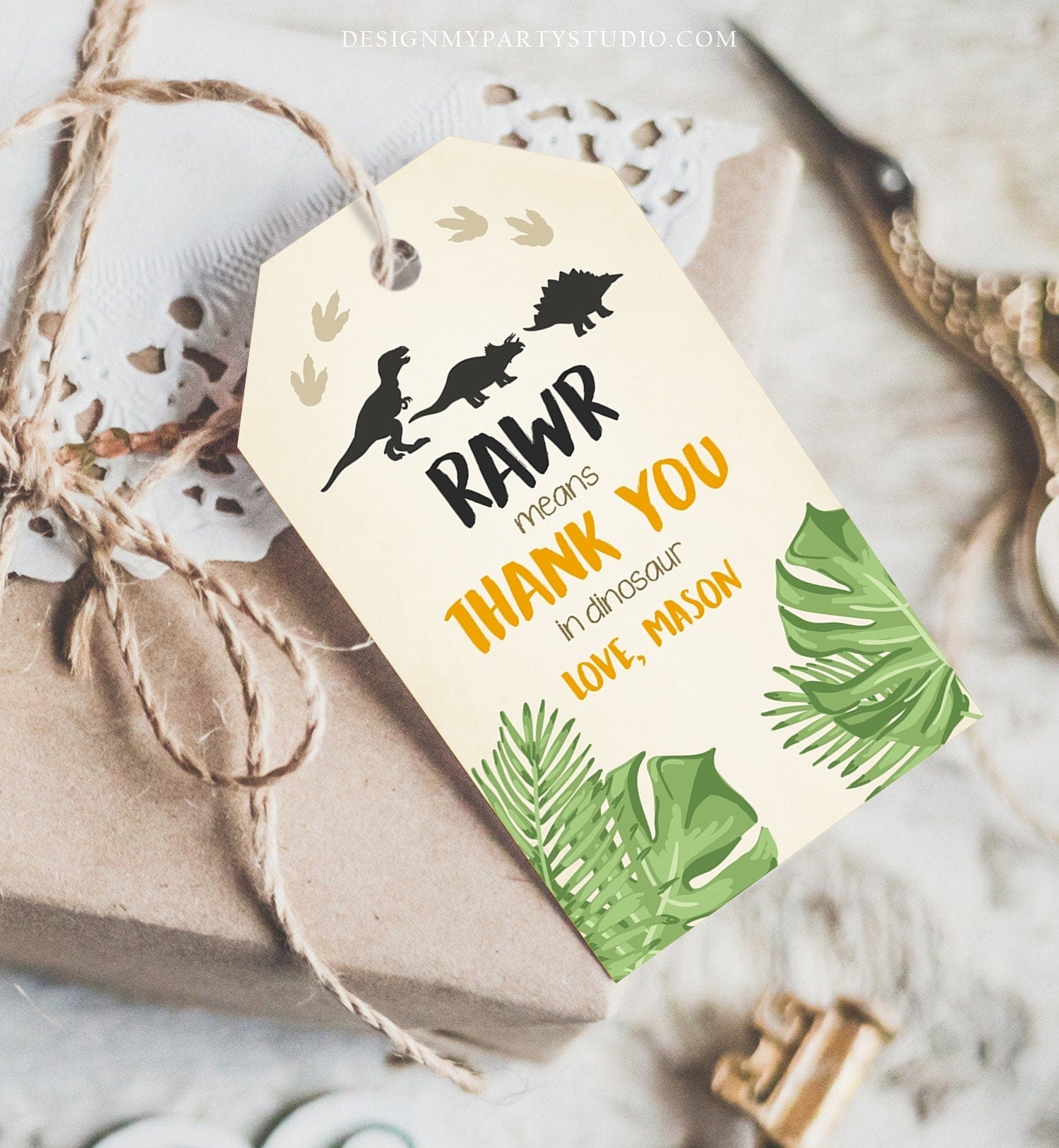 Editable Dinosaur Favor Tags RAWR Thank You For Stomping By Dino Boy B - Design My Party Studio for Dinosaur Birthday Free Printable Dinosaur Thank You Tags