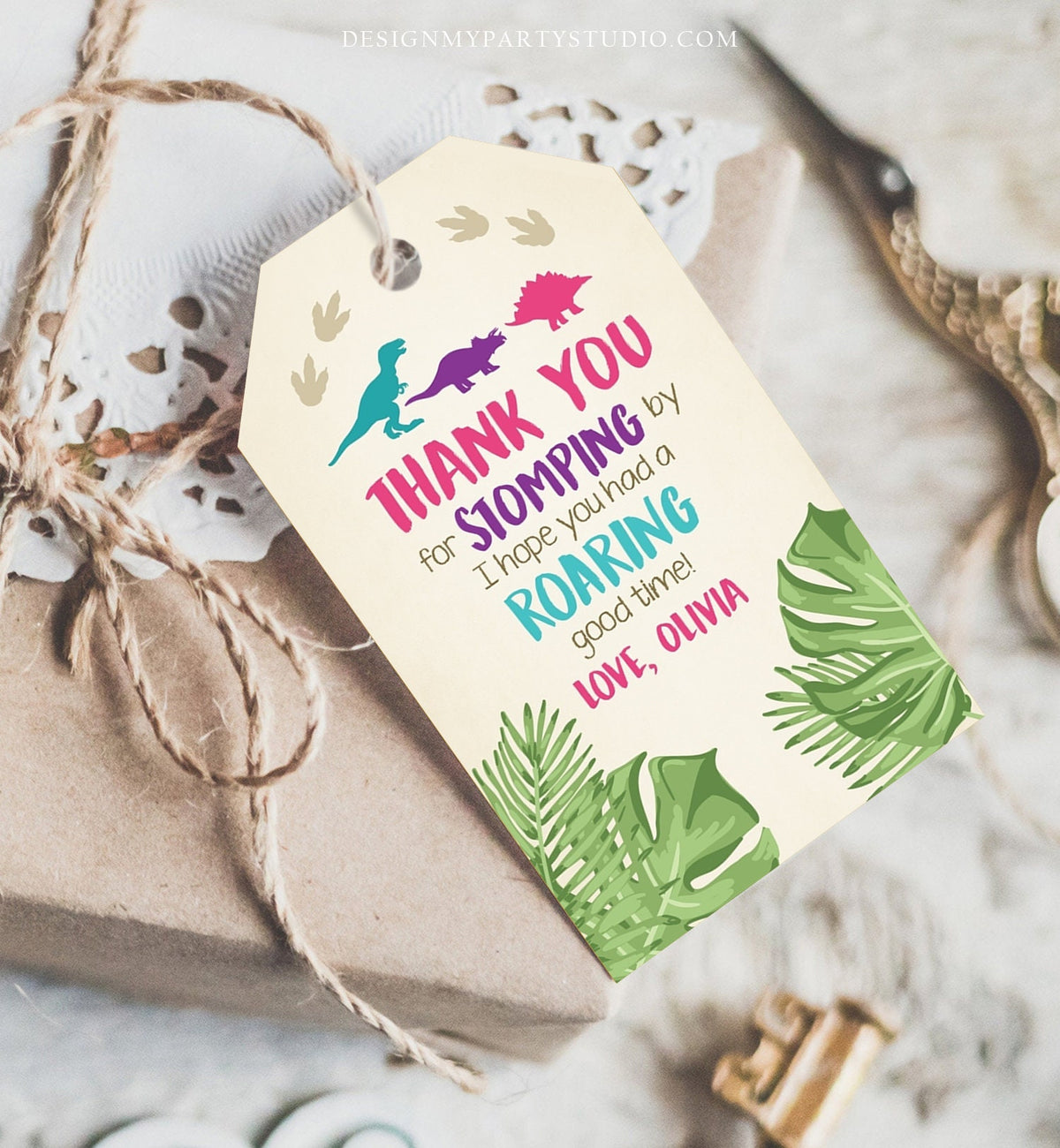 Editable Dinosaur Favor Tags Thank You For Stomping By Dino Pink Girl RAWR Roaring Instant Digital Download Template Corjl Printable 0043