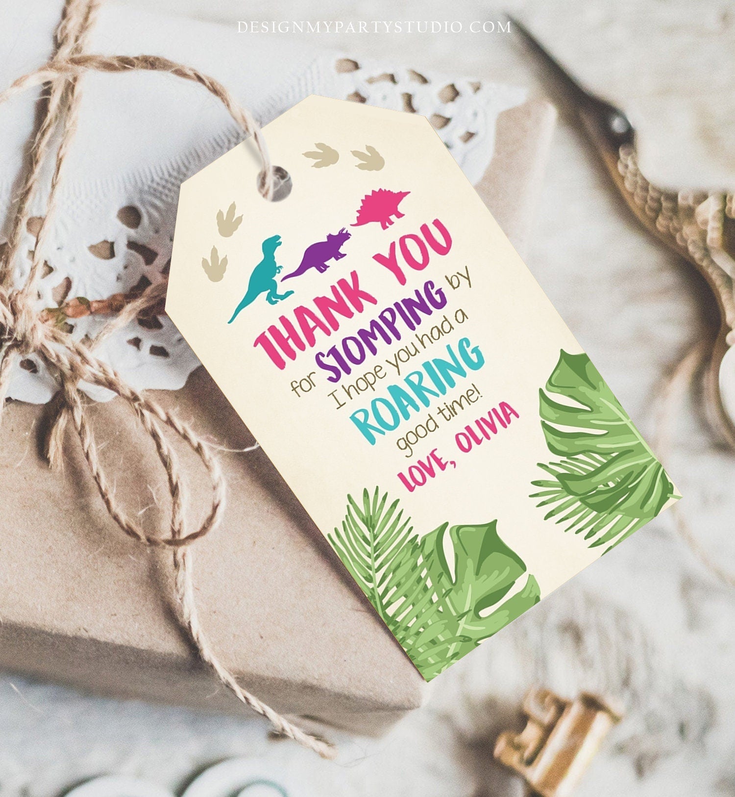 Editable Dinosaur Favor Tags Thank You For Stomping By Dino Pink Girl - Design My Party Studio editable-dinosaur-favor-tags-thank-you-for-stomping-by-dino-pink-girl-design-my-party-studio