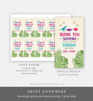Editable Dinosaur Favor Tags Thank You For Stomping By Dino Pink Girl RAWR Roaring Instant Digital Download Template Corjl Printable 0043
