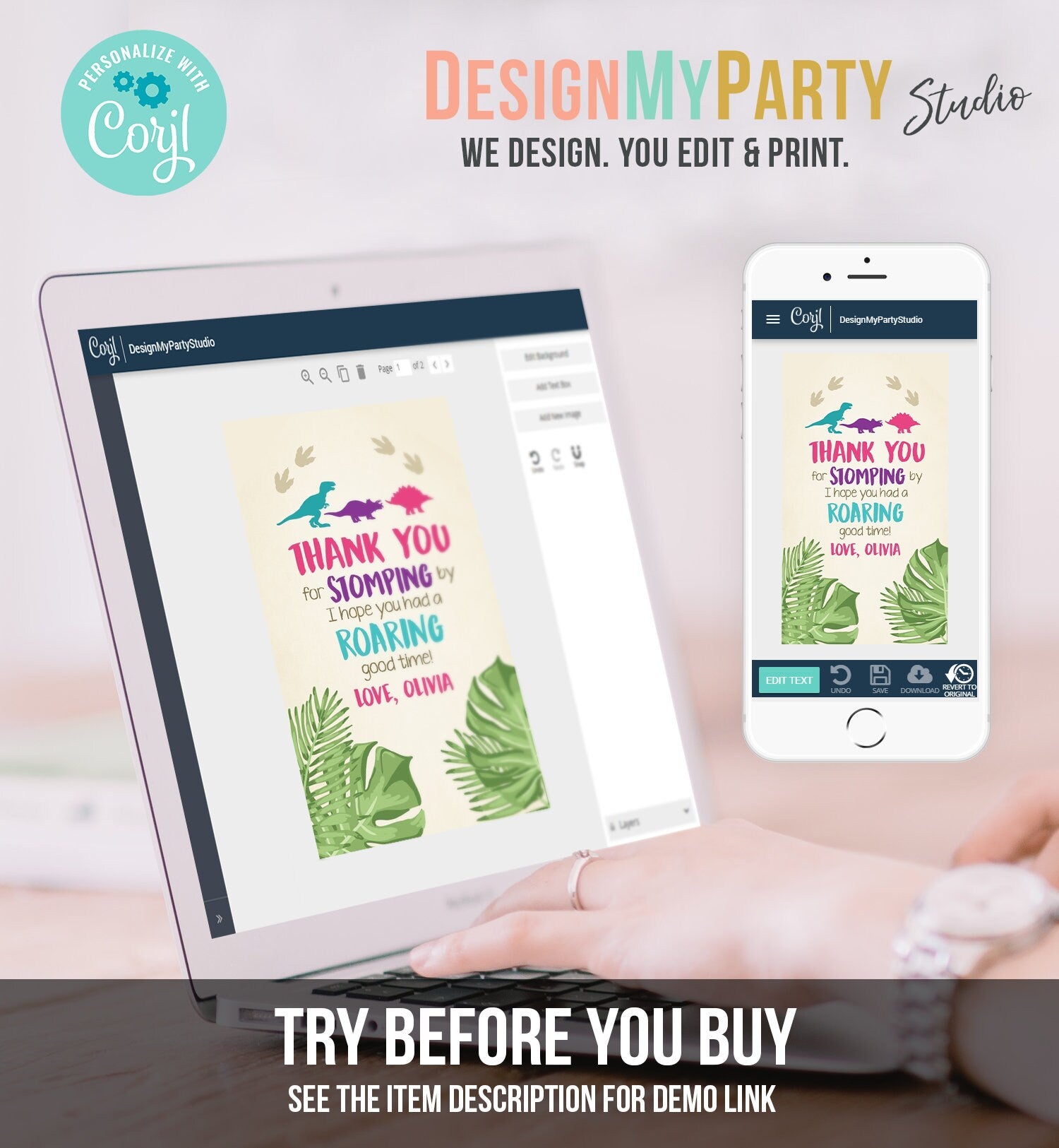 Editable Dinosaur Favor Tags Thank You For Stomping By Dino Pink Girl RAWR Roaring Instant Digital Download Template Corjl Printable 0043