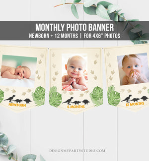 Dinosaur Monthly First Birthday Photo Banner Boy Dino Dig Party Prehistoric T-Rex Leaves Foot Prints Instant Download Printable 0043