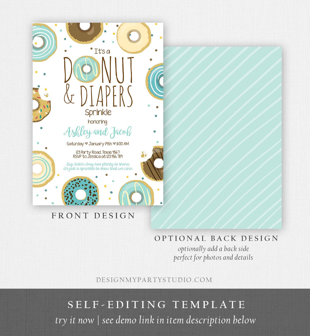 Editable Donut and Diapers Sprinkle Invitation Baby Shower Coed Shower Boy Blue Sweet Evite Digital Download Corjl Template Printable 0050