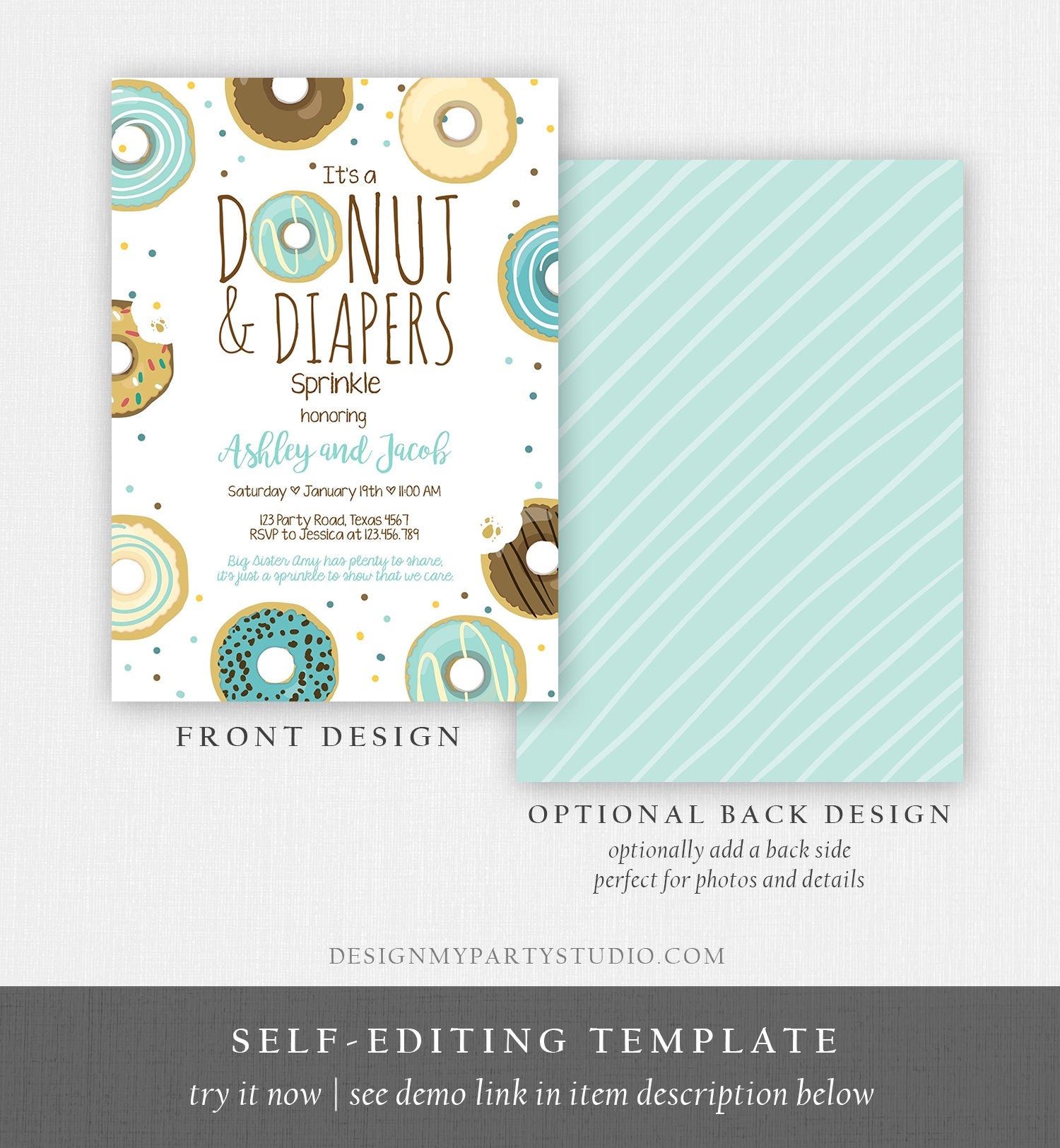 Editable Donut and Diapers Sprinkle Invitation Baby Shower Coed Shower Boy Blue Sweet Evite Digital Download Corjl Template Printable 0050