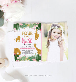 Editable Fourever Wild Birthday Invitation Safari Animals Jungle Zoo Gold Girl Pink 4th Birthday Four Ever Printable Corjl Template 0016