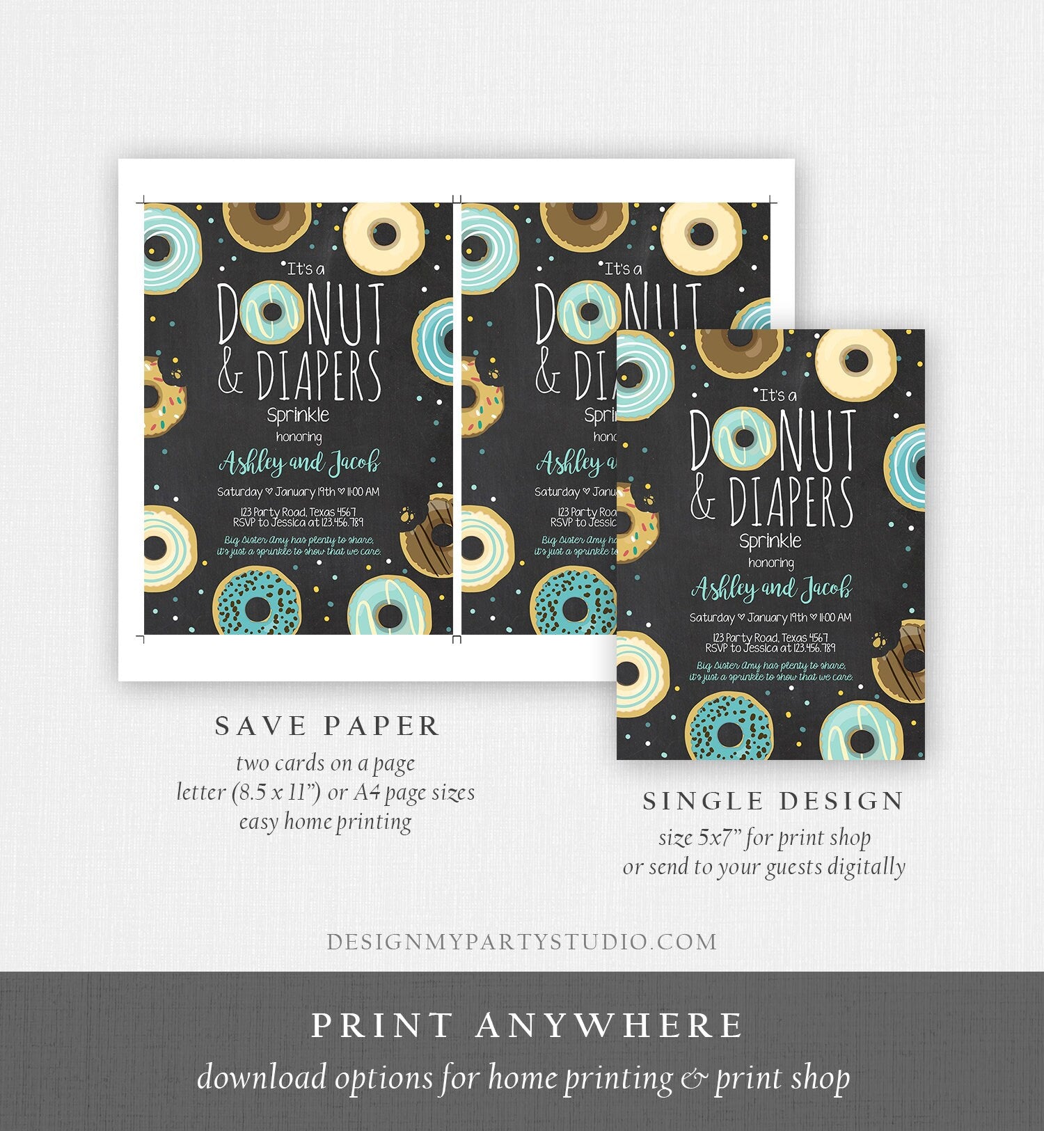 Editable Donut and Diapers Sprinkle Invitation Baby Shower Coed Shower Boy Blue Sweet Instant Download Printable Template Digital Evite 0050