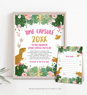Editable Dinosaur Time Capsule First Birthday Party Pink Gold Girl Party 1st Table Sign Cards T-Rex Guestbook Corjl Template Printable 0146