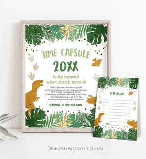 Editable Dinosaur Time Capsule First Birthday Party Green Gold Boy Party 1st Table Sign Cards T-Rex Guestbook Corjl Template Printable 0146