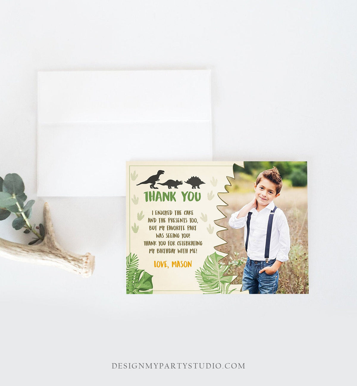 Editable Dinosaur Thank You Card Boy Prehistoric Dino Dig Party T-Rex Note Dino Mite Photo Digital Download Template Printable 0043