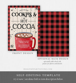 Editable Cookies and Cocoa Invitation Hot Cocoa Party Invite Hot Chocolate Birthday Lumberjack Plaid Download Printable Template Corjl 0262
