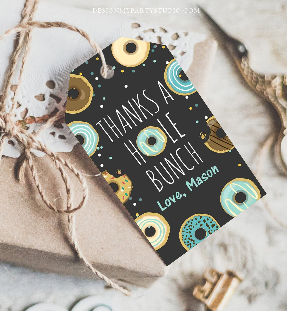 Editable Donut Favor Tags Tags Donut Birthday Donut Thank you tags A hole bunch Birthday Boy Blue Donut tags Template PRINTABLE Corjl 0050