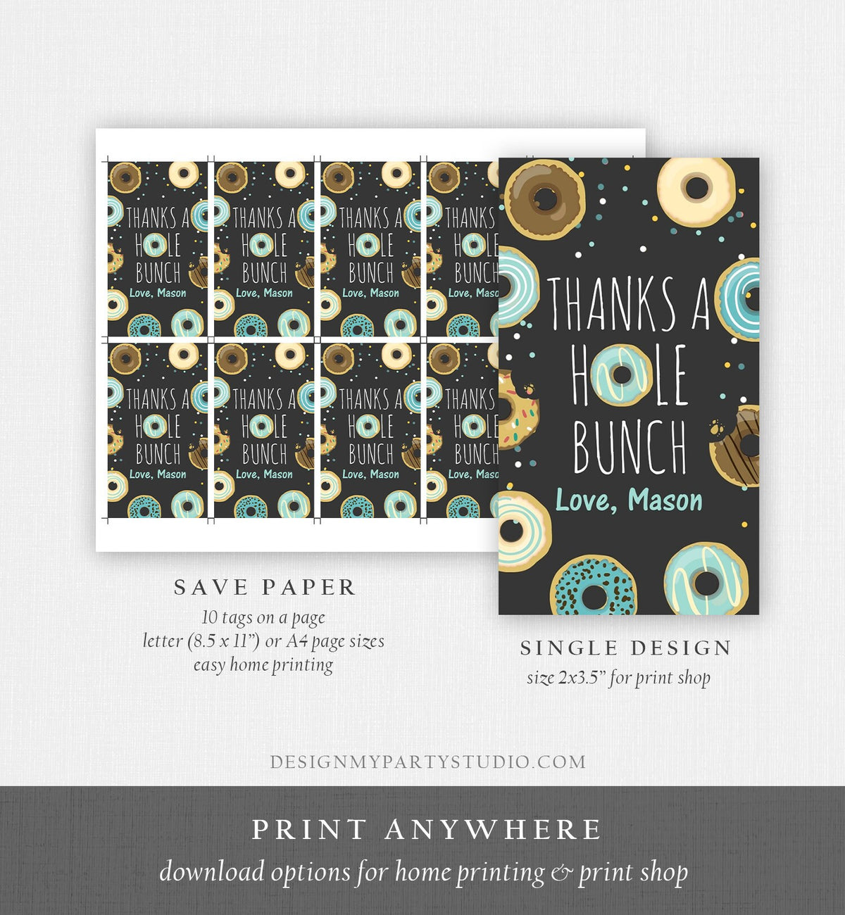 Editable Donut Favor Tags Tags Donut Birthday Donut Thank you tags A hole bunch Birthday Boy Blue Donut tags Template PRINTABLE Corjl 0050
